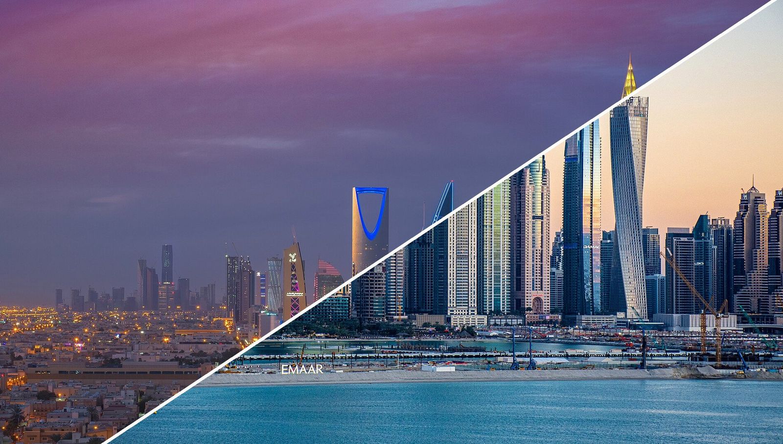 Split view of the Saudi Arabia skyline and the Dubai skyline, the route taken by Saudi residents applying for a UAE visa