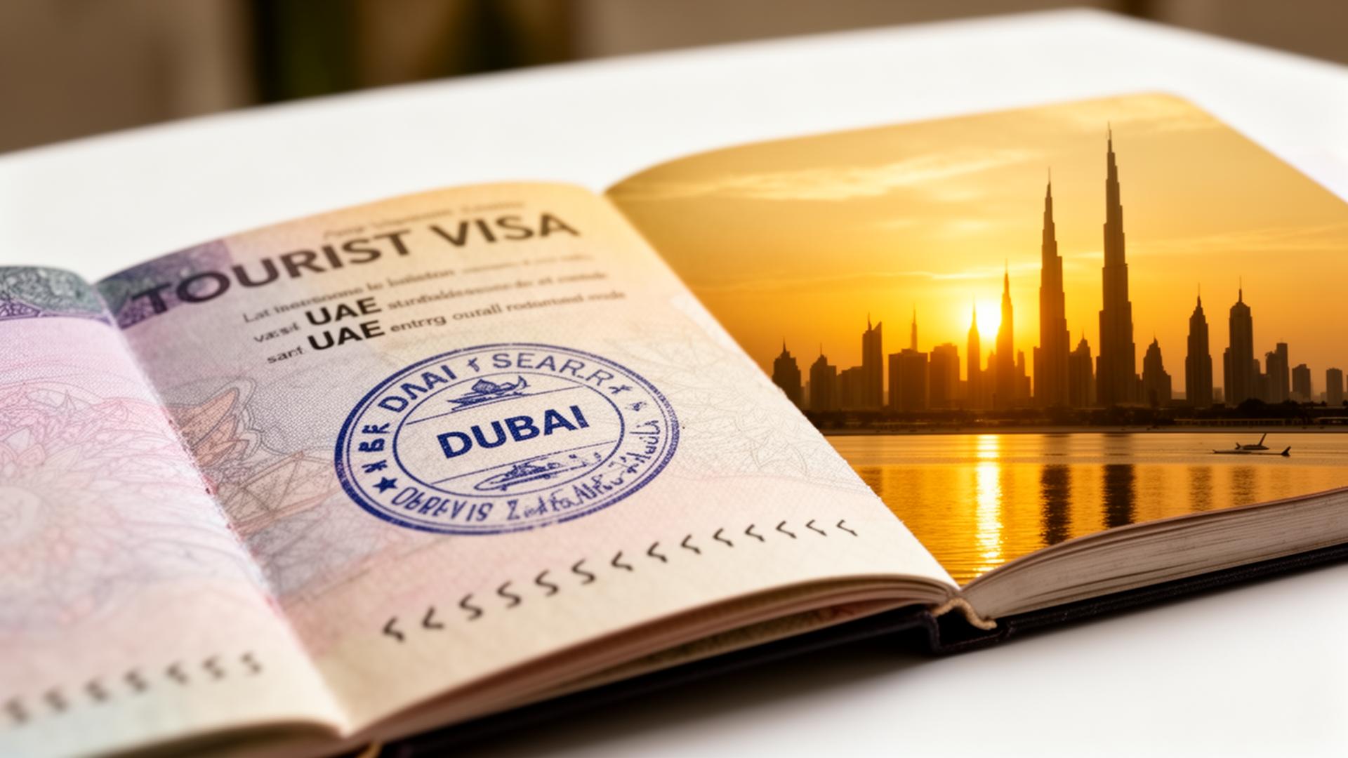 UAE tourist visa stamp on an open passport beside a Dubai skyline at golden hour sunset, representing 2026 visit visa extension rules.
