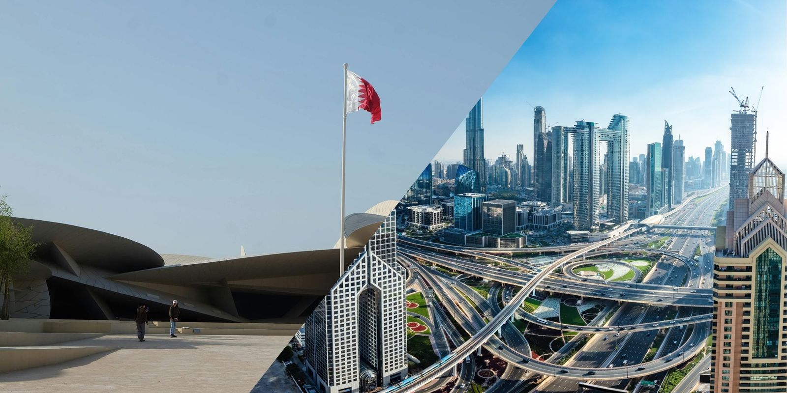 Split view of the Qatar skyline and the Dubai skyline, the route taken by Qatar residents applying for a UAE visa