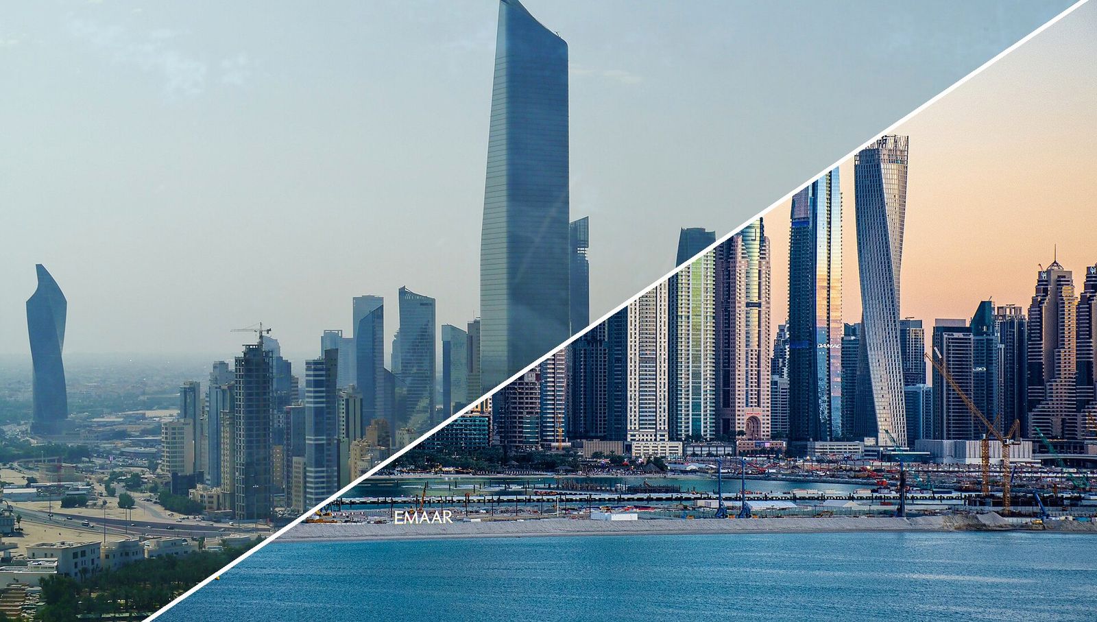 Split view of the Kuwait skyline and the Dubai skyline, the route taken by Kuwait residents applying for a UAE visa