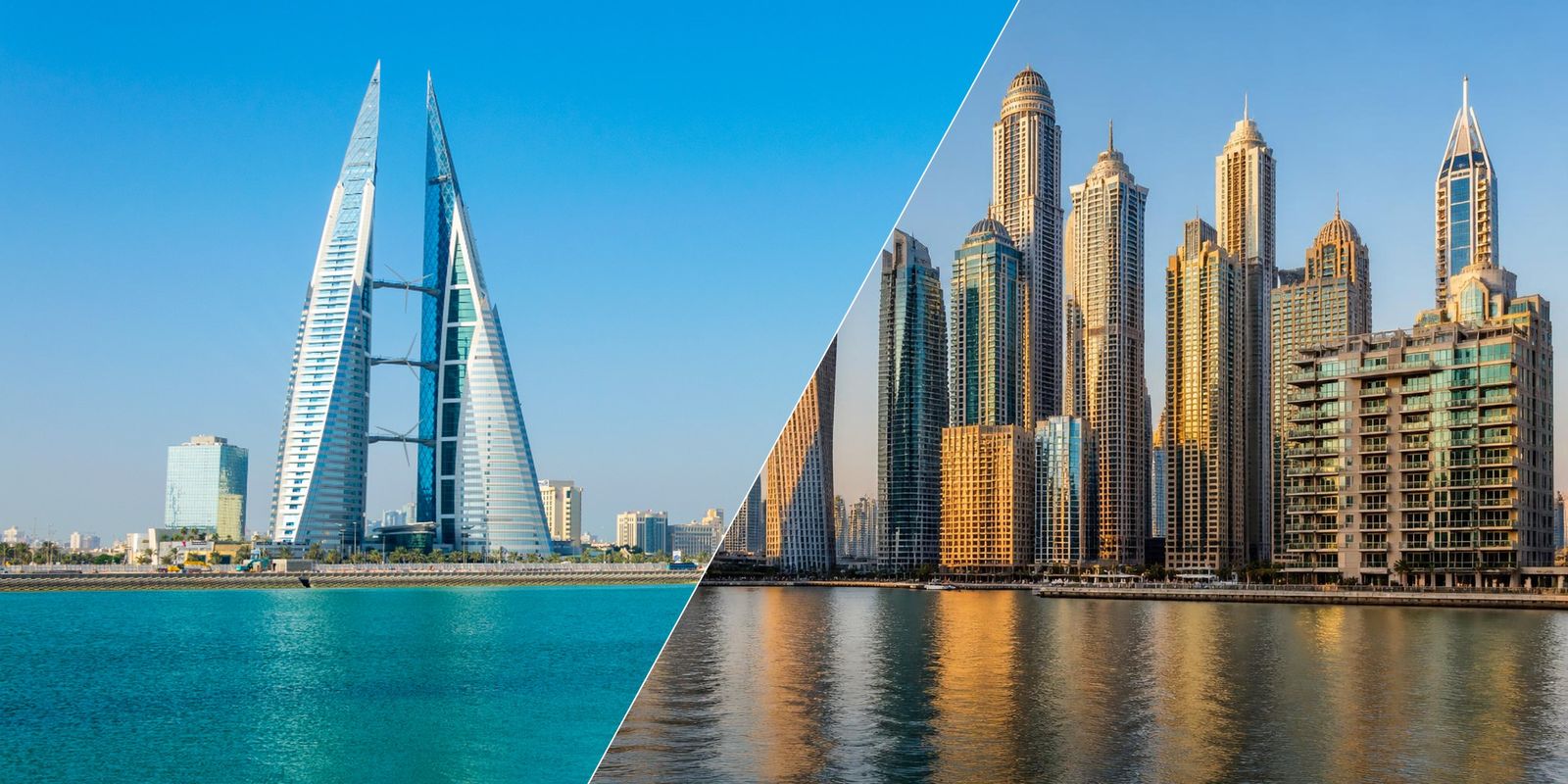 Split view of the Bahrain skyline and the Dubai skyline, the route taken by Bahrain residents applying for a UAE visa