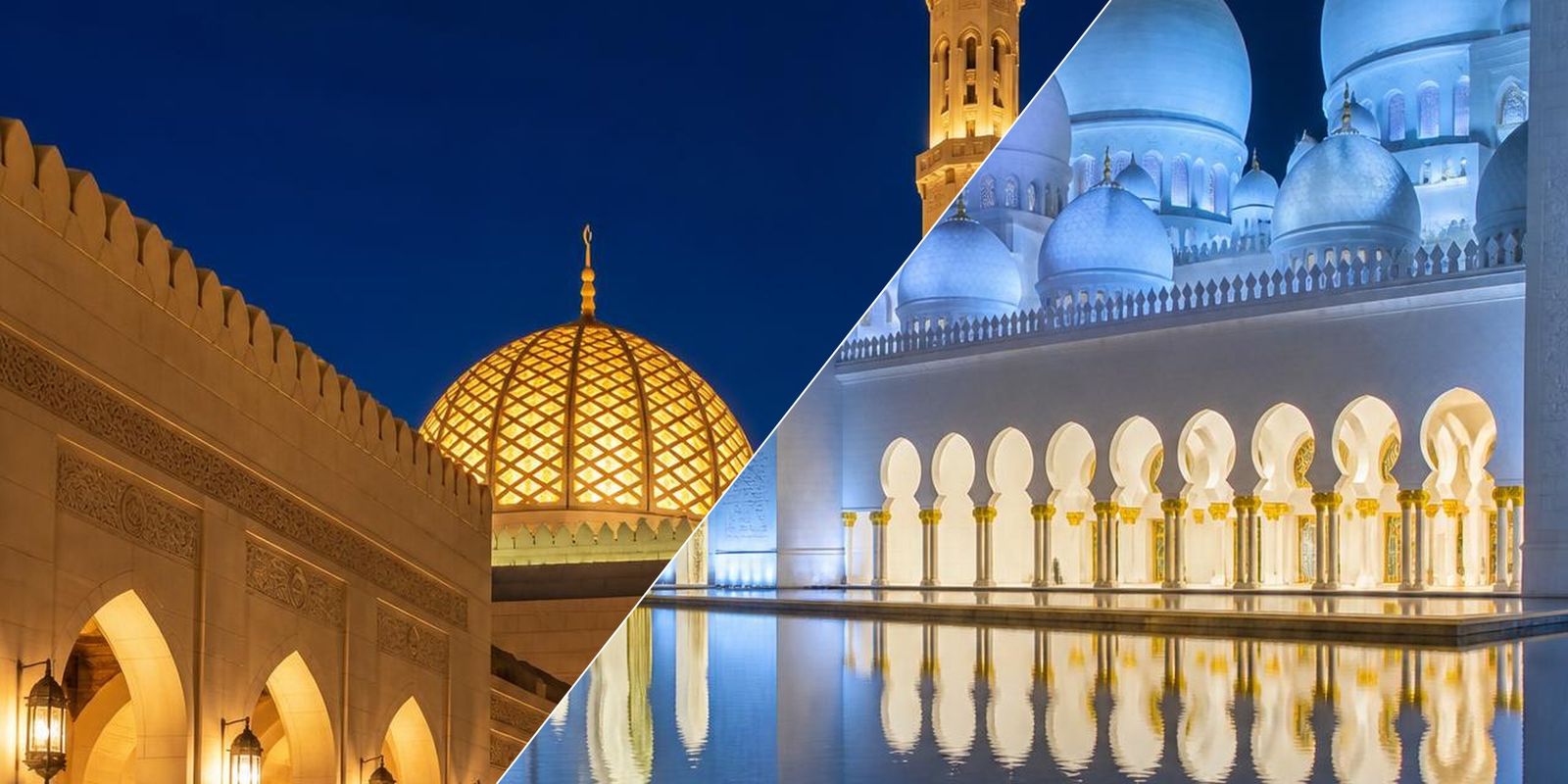 Split view of the Oman skyline and the Dubai skyline, the route taken by Oman residents applying for a UAE visa