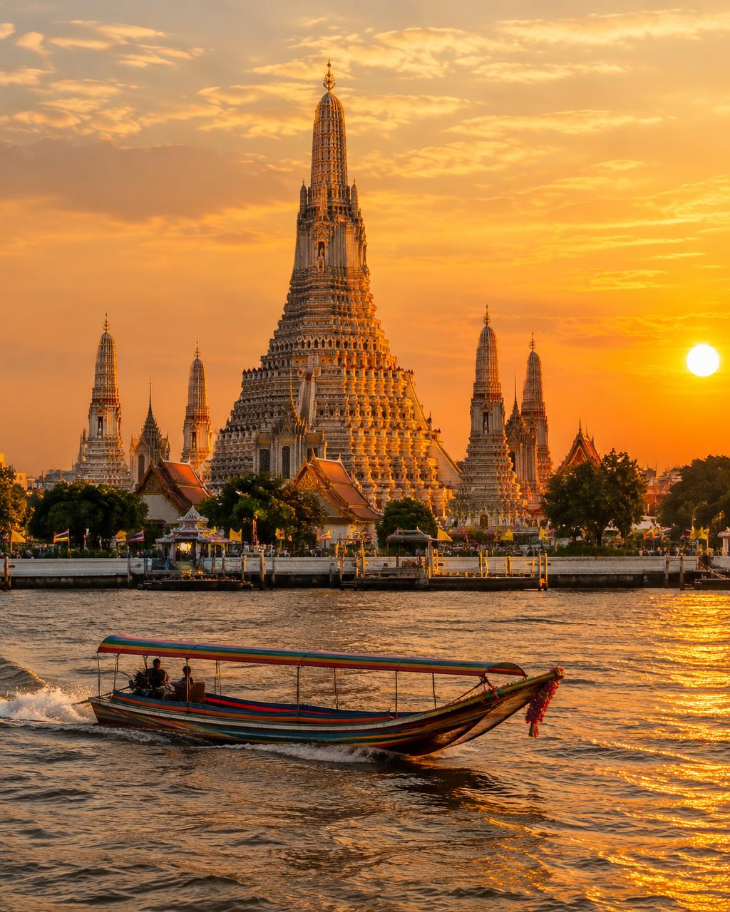 Wat Arun temple at sunset on the Chao Phraya river, Bangkok, Thailand
