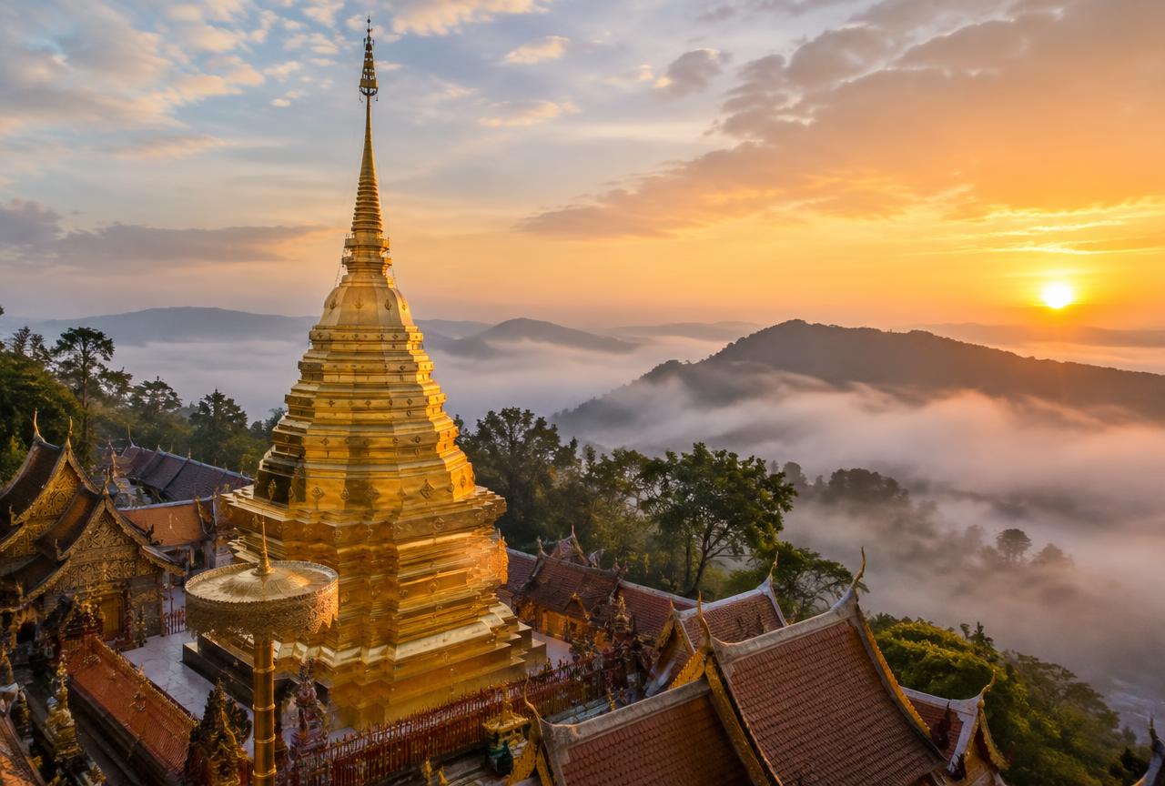 Golden chedi of Doi Suthep at sunrise, Chiang Mai