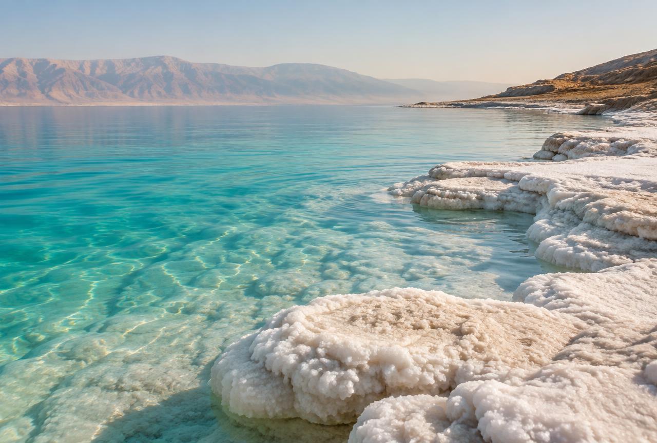 Turquoise water and salt shores of the Dead Sea, Jordan