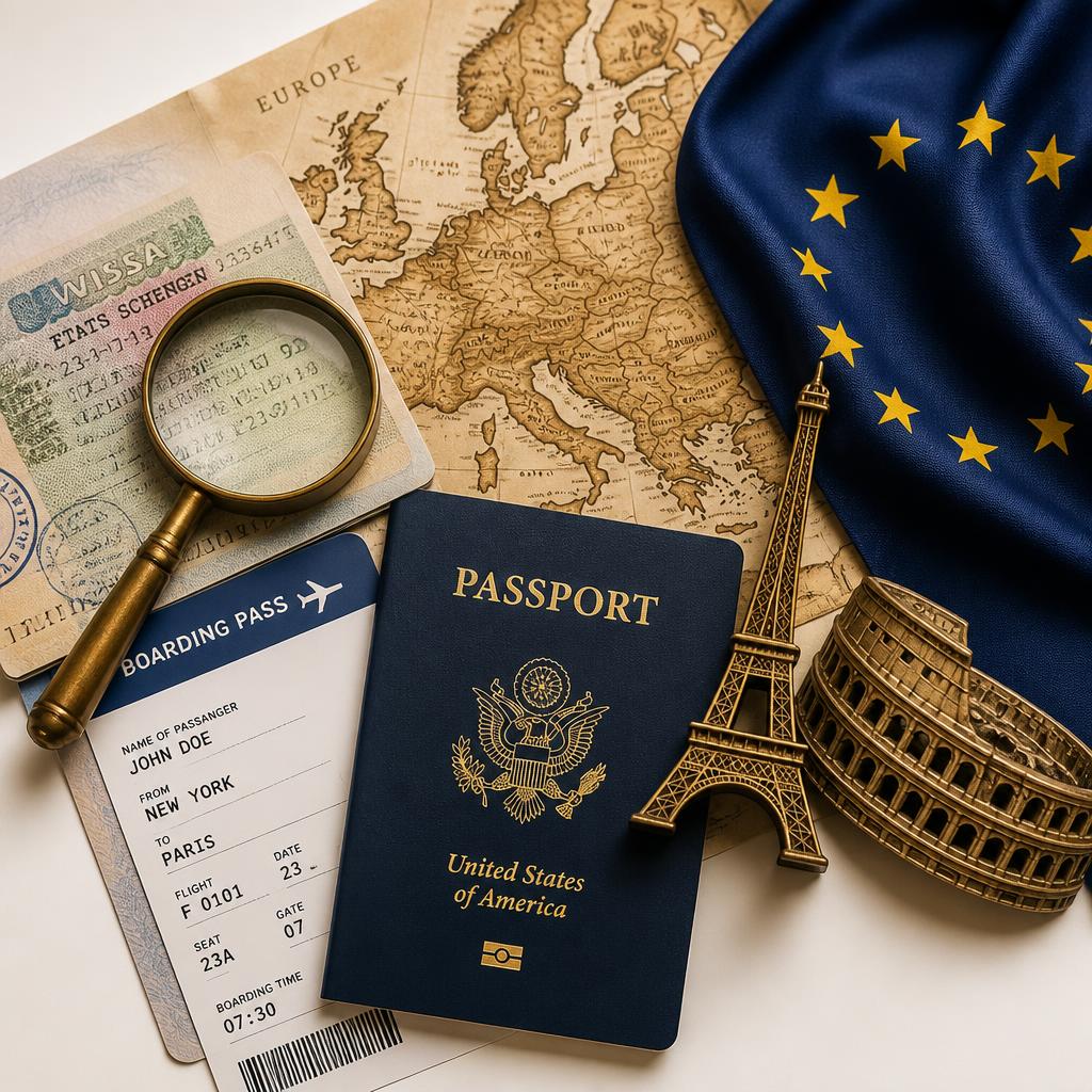 Schengen visa, EU flag, European passport and travel essentials