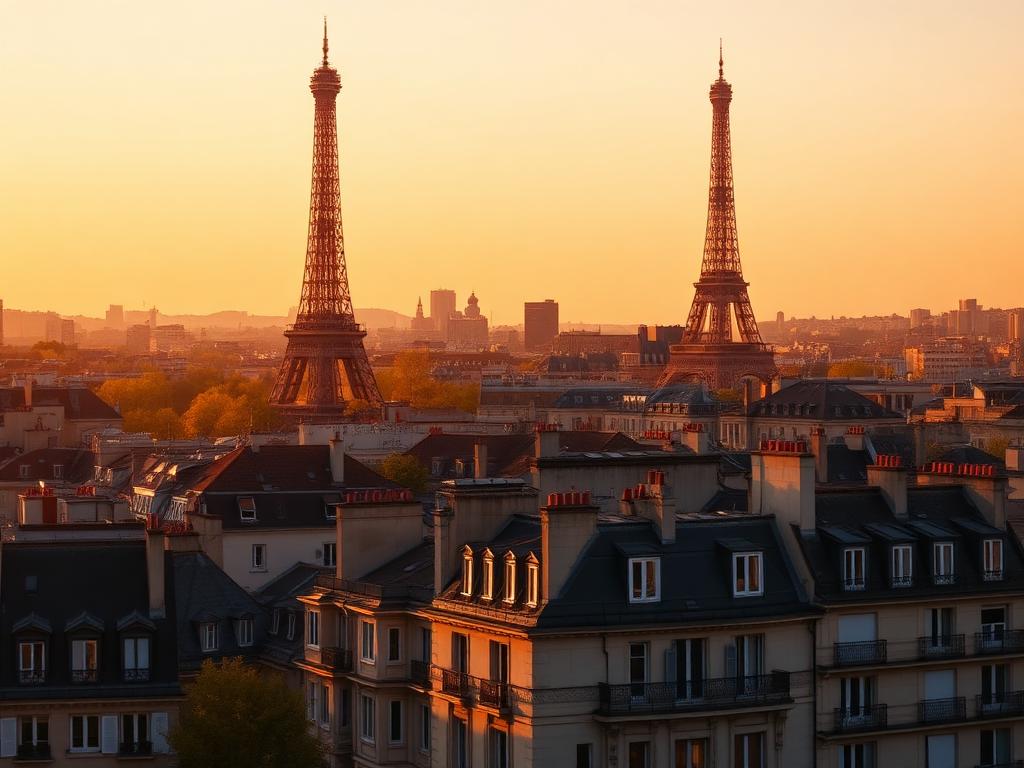 European city skyline at golden hour