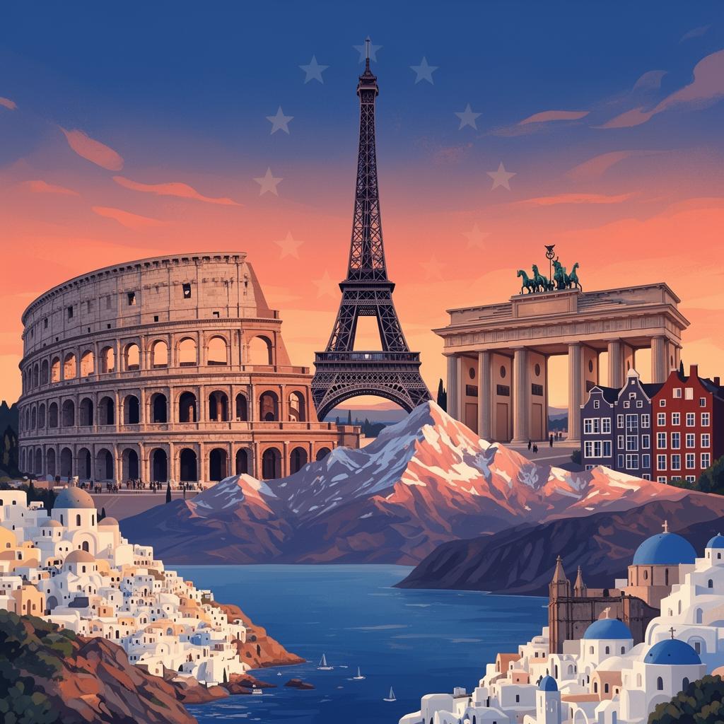 Iconic Schengen landmarks — Paris, Rome, Berlin, Amsterdam, Swiss Alps and Santorini