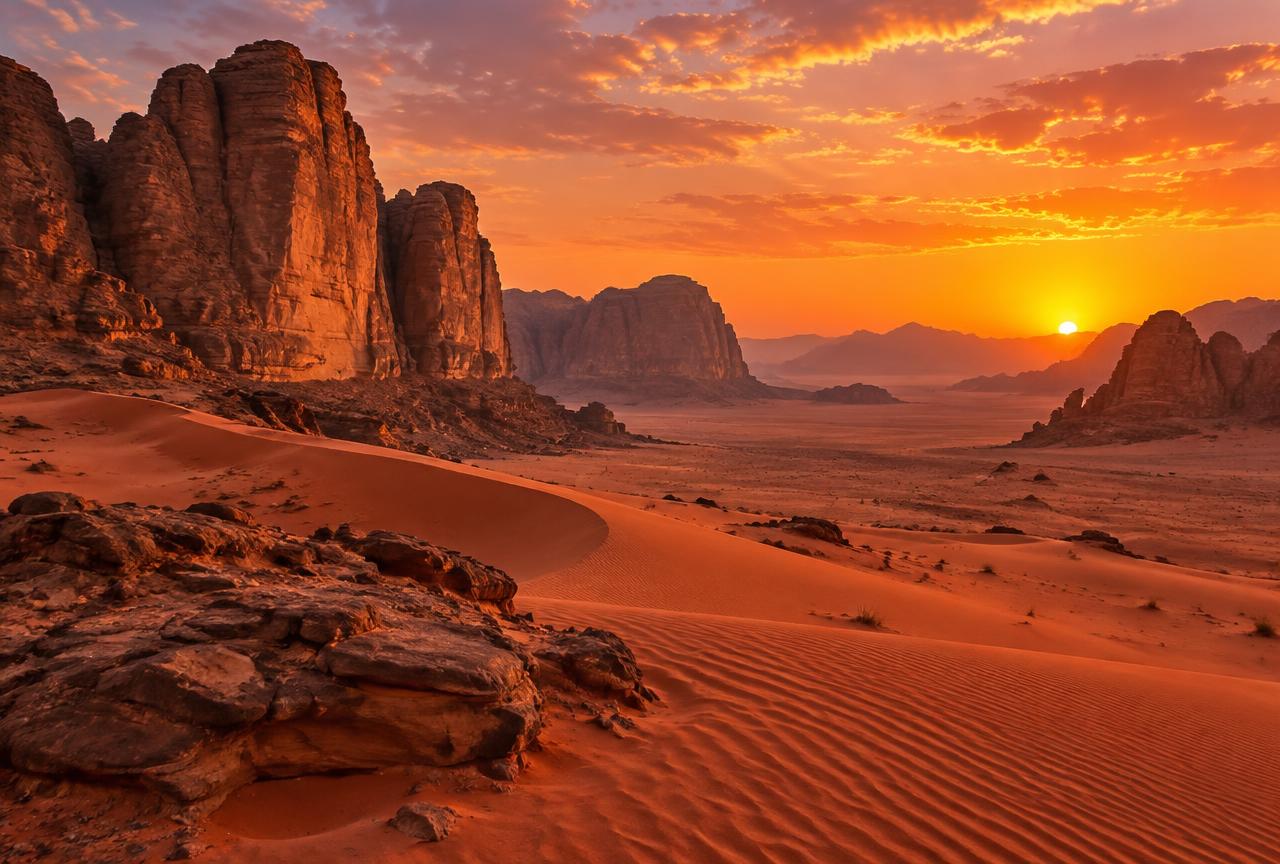 Sunset over the red desert of Wadi Rum, Jordan